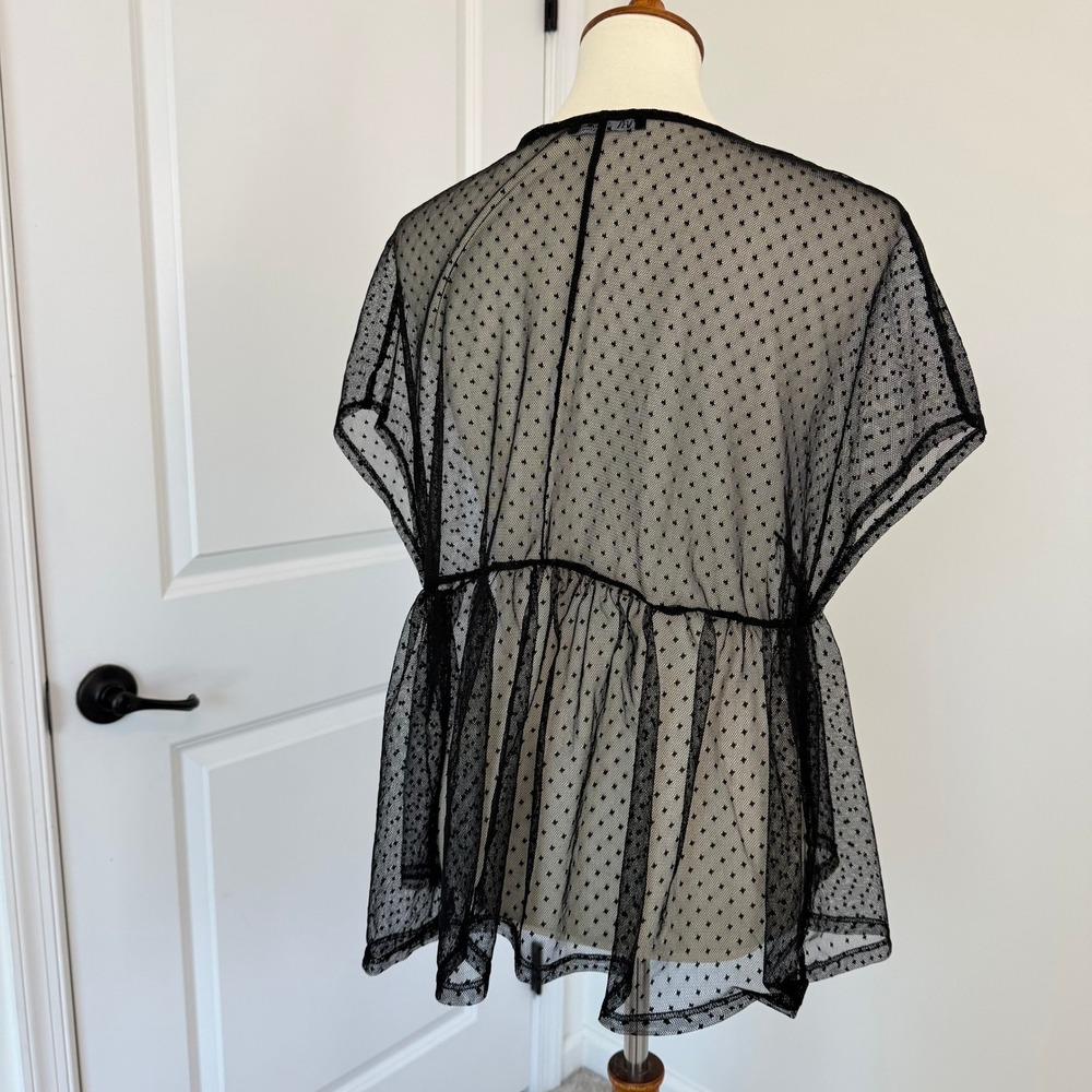 Zara Womens Black Sheer Mesh Polka Dot Top Small Short Sleeve Relaxed - Picture 4 of 9